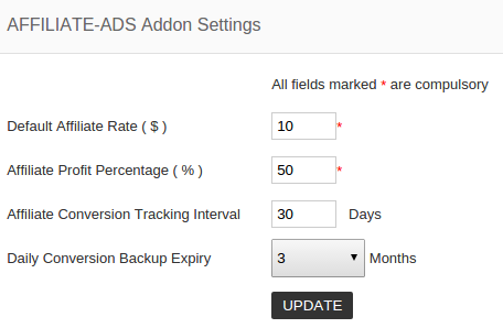 affiliate ads addon settings