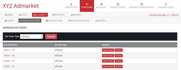 manage affiliate adcode