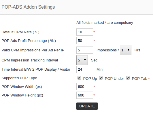 popads addon settings