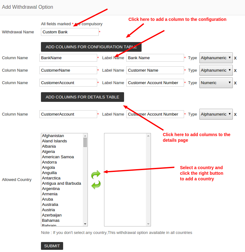 withdrawal settings