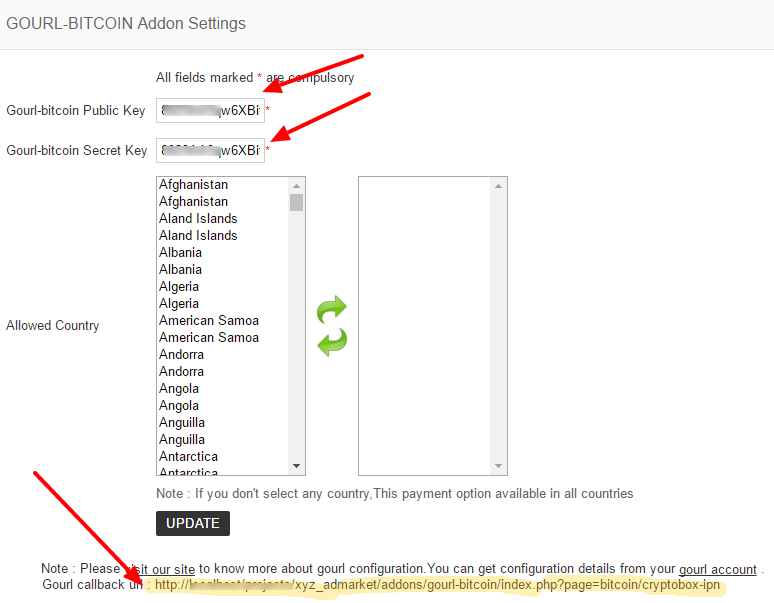 Gourl bitcoin addon settings