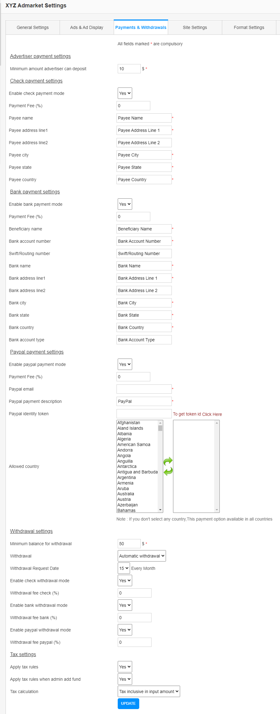 XYZ-Admarket-Payments and Withdrawals Settings